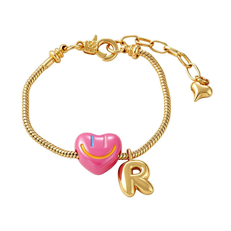 18k Boho Smiley Heart Initial Bracelet Set