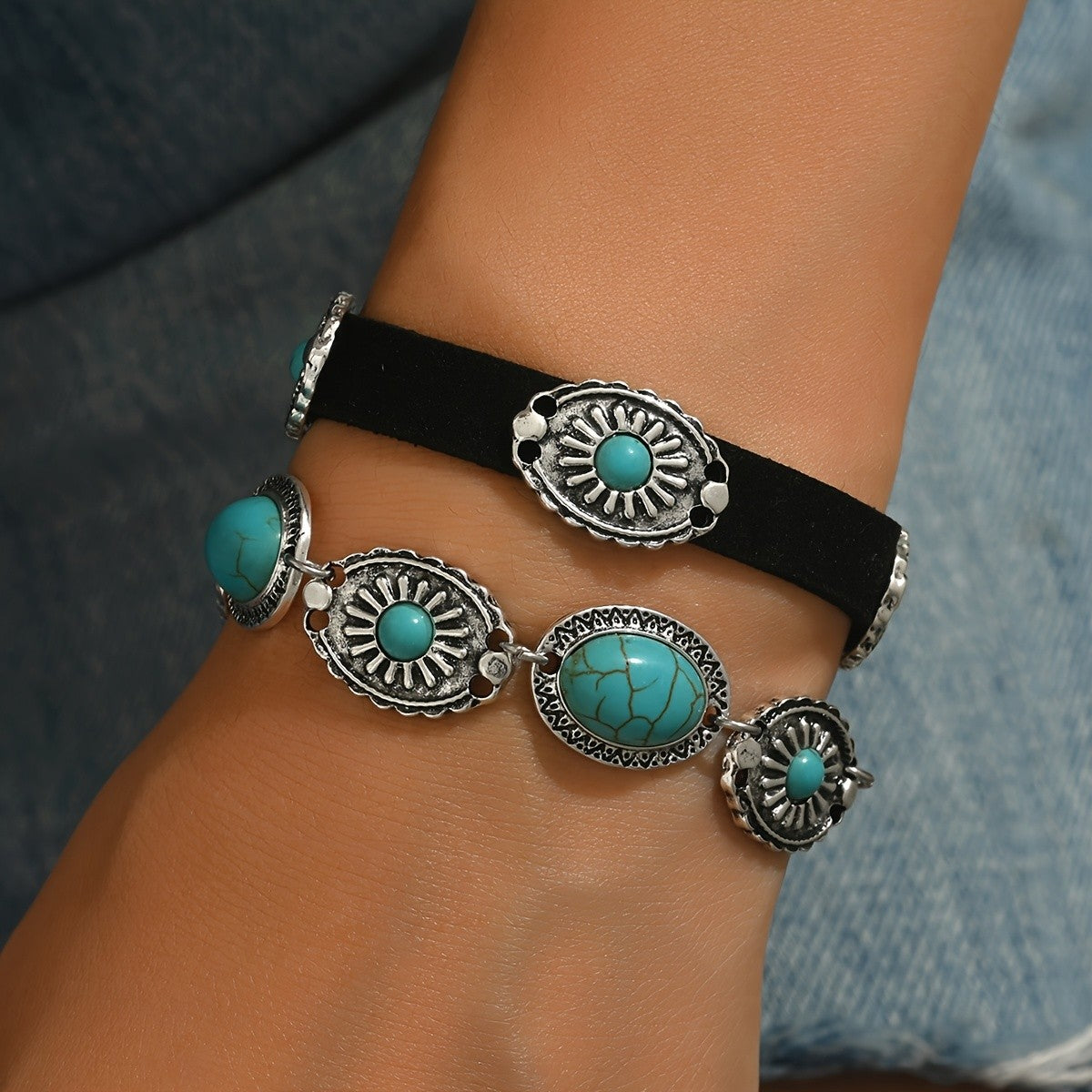 Boho Turquoise Concho Suede Bracelet Set