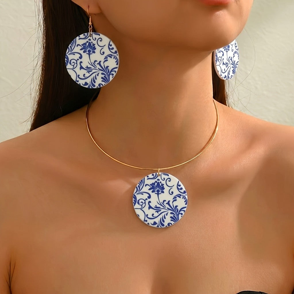 Vintage Blue Porcelain Disc Necklace & Earring Set