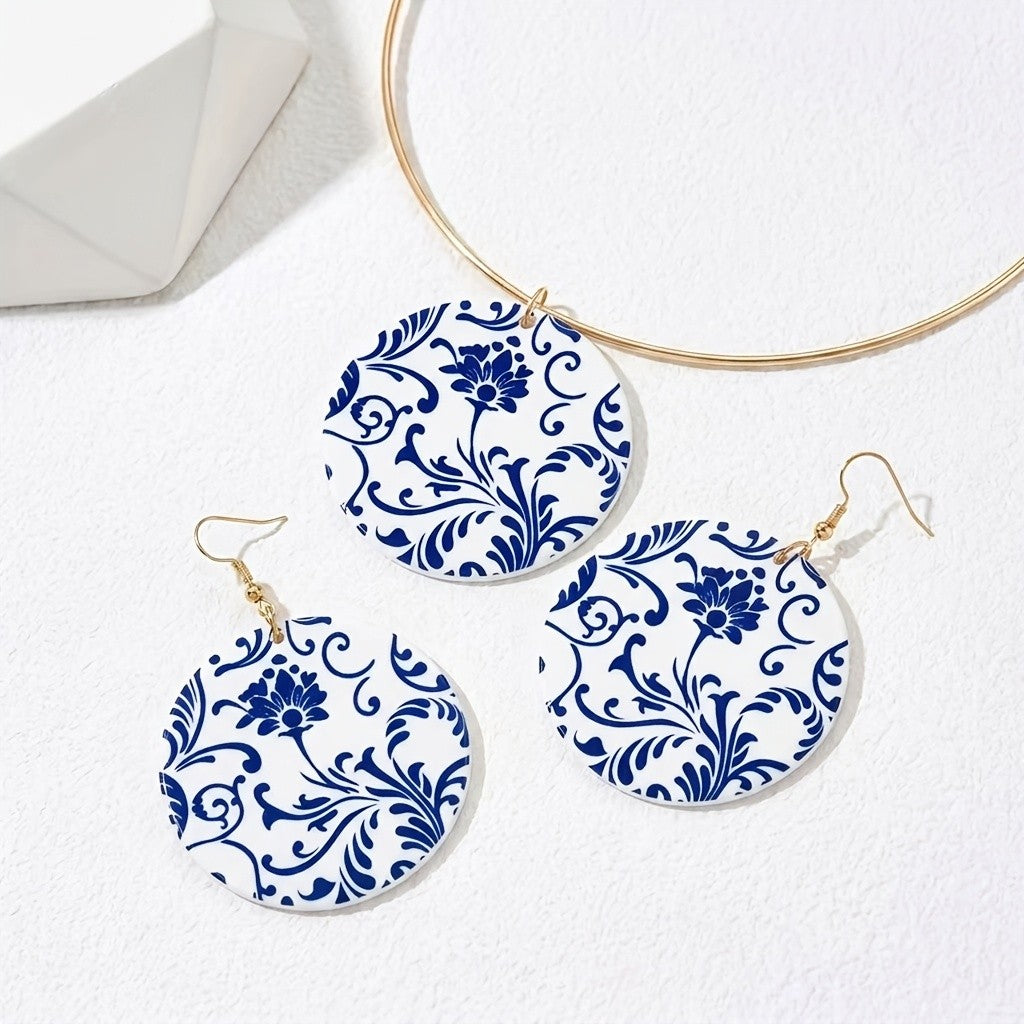 Vintage Blue Porcelain Disc Necklace & Earring Set