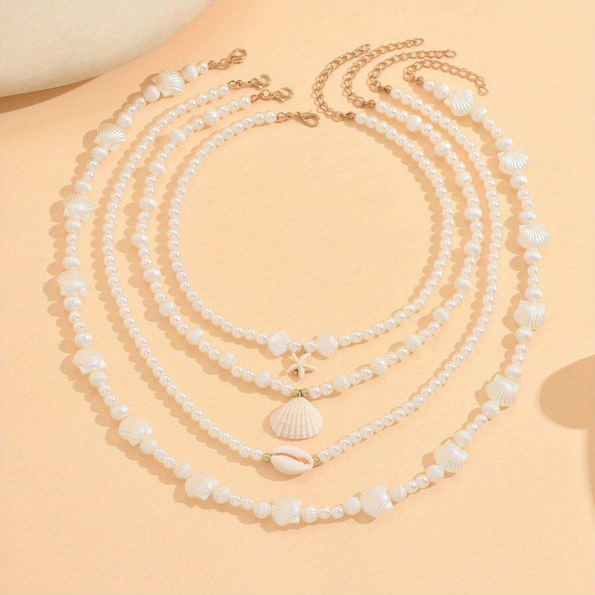 Boho Multi-Layer Faux Pearl & Shell Necklace Set