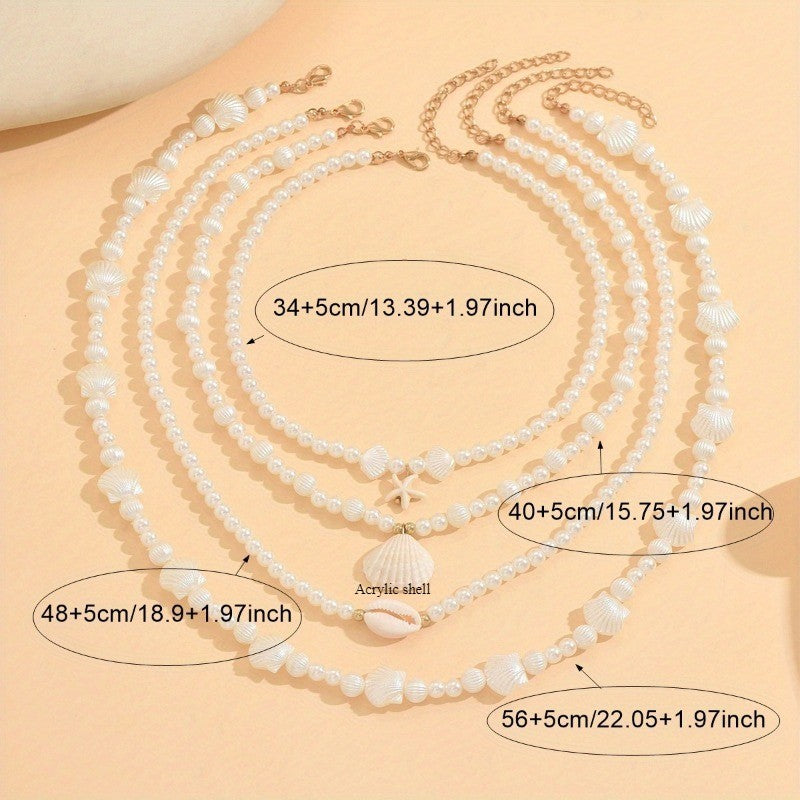 Boho Multi-Layer Faux Pearl & Shell Necklace Set