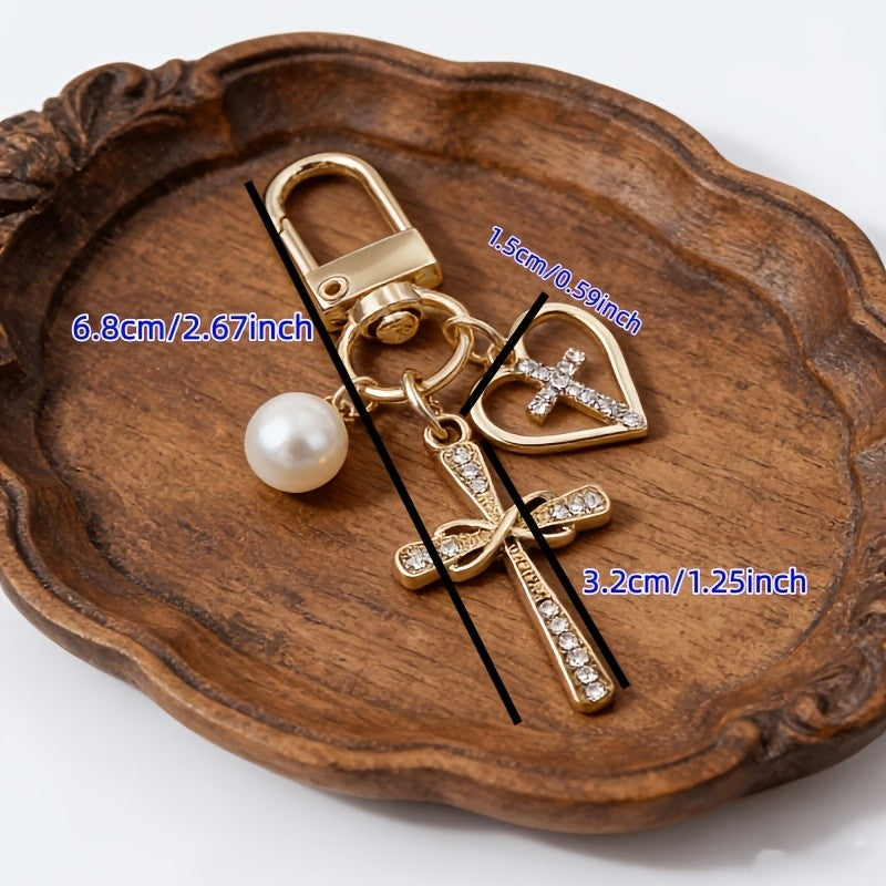 Dainty Rhinestone Cross & Heart Keychain