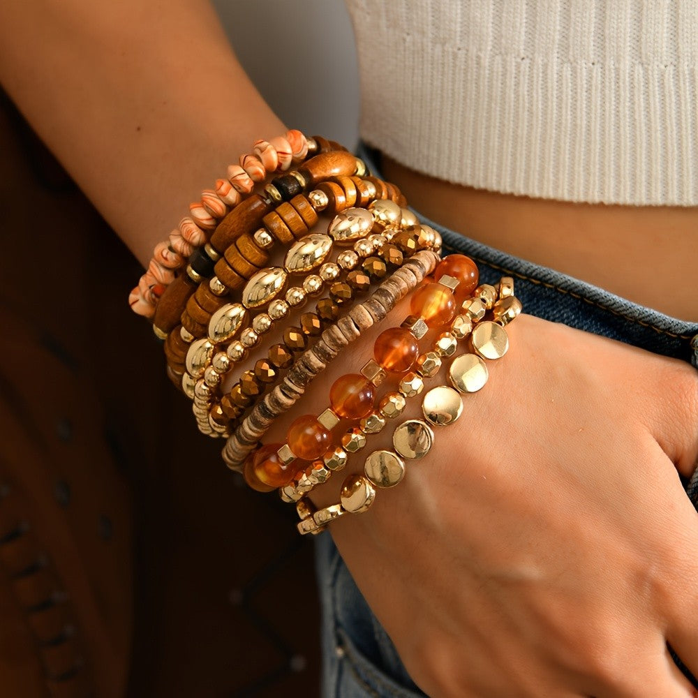 10pc Boho Wood Bead Bracelet Set