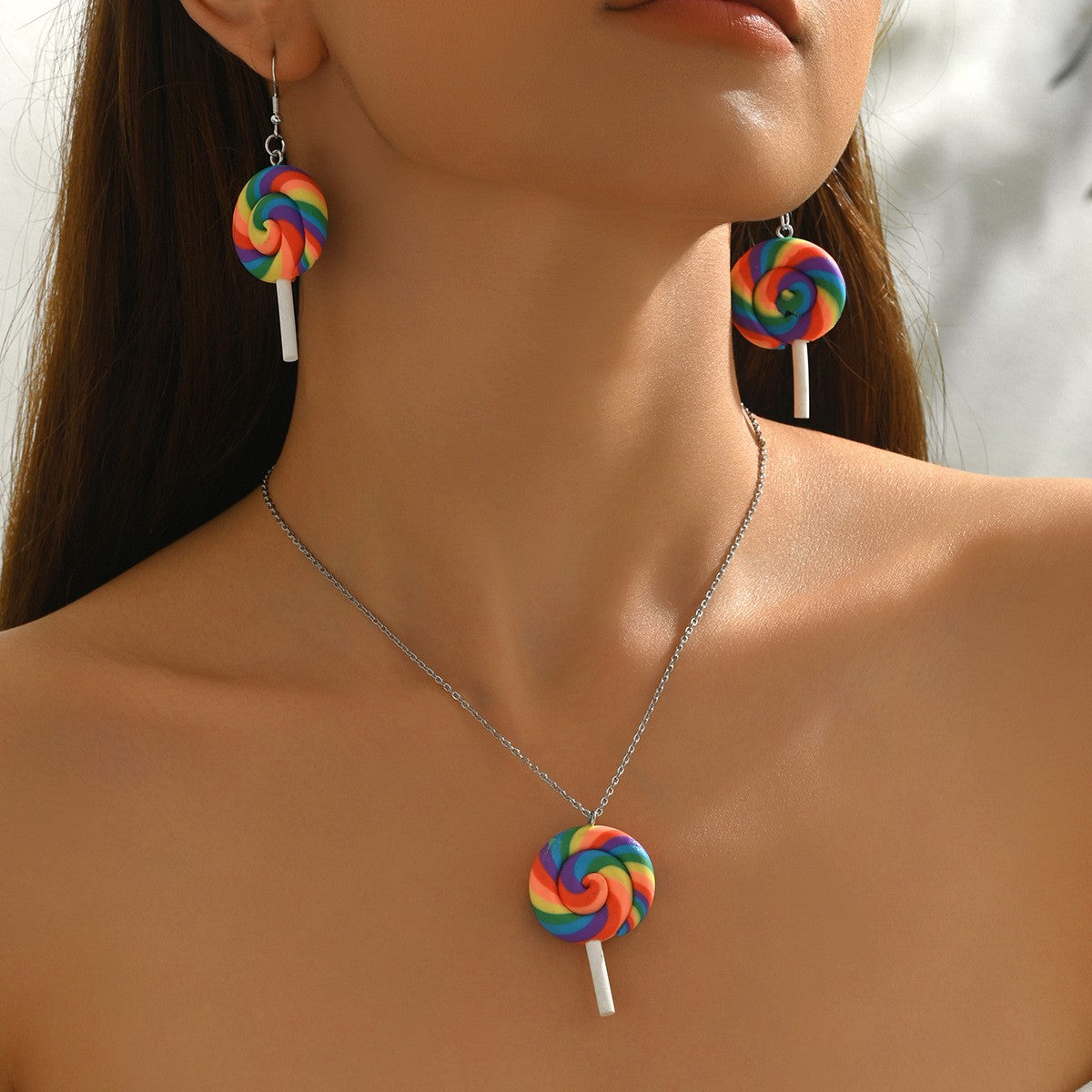 Classy Rainbow Lollipop Necklace & Earring Set