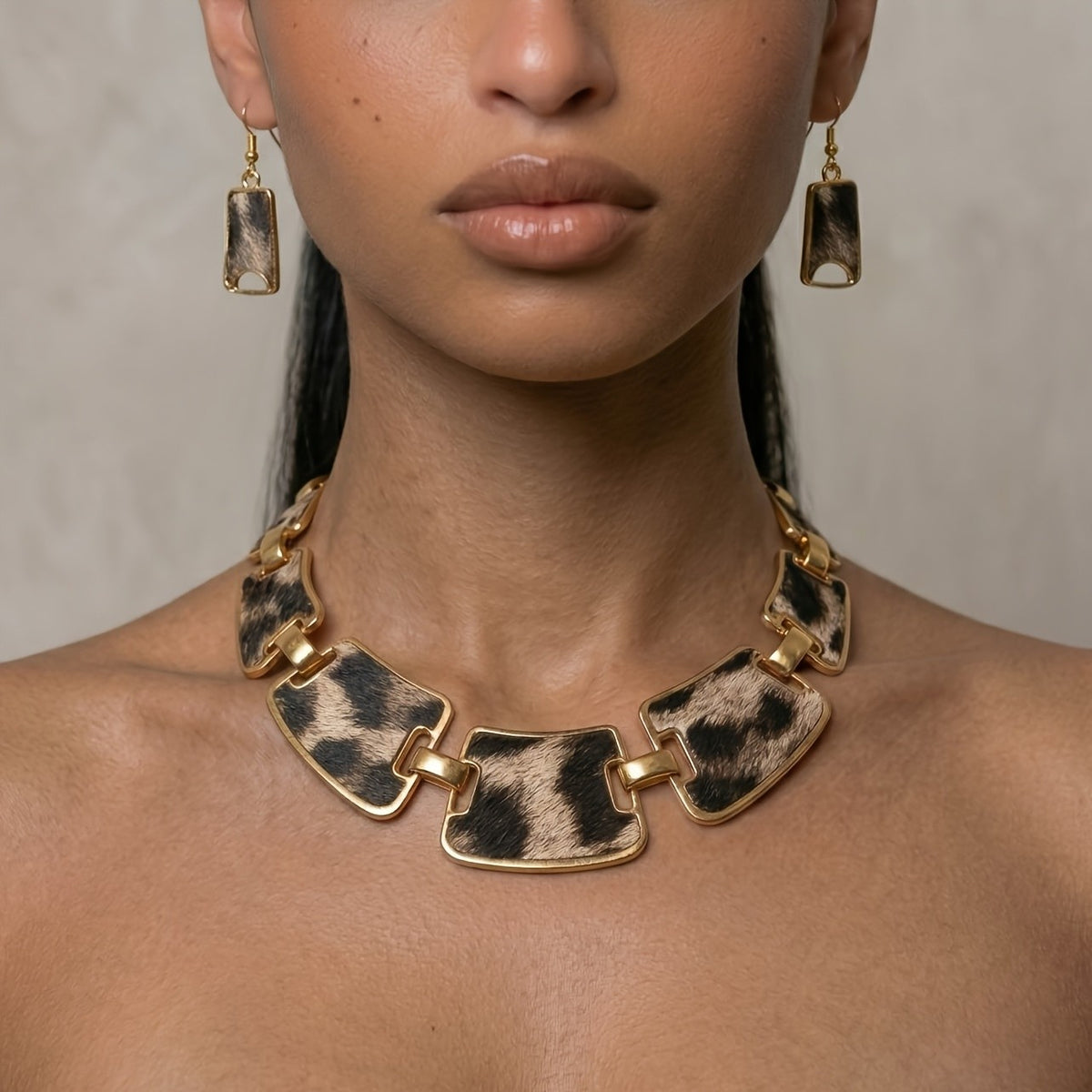 Vintage Leopard Print Statement Necklace & Earring Set