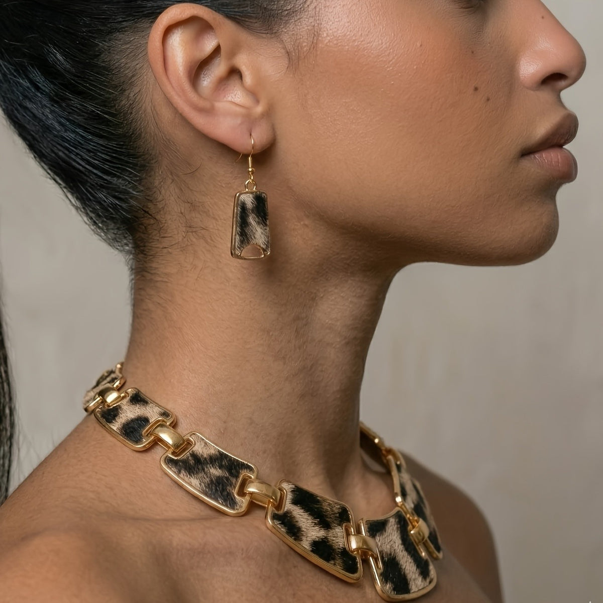 Vintage Leopard Print Statement Necklace & Earring Set