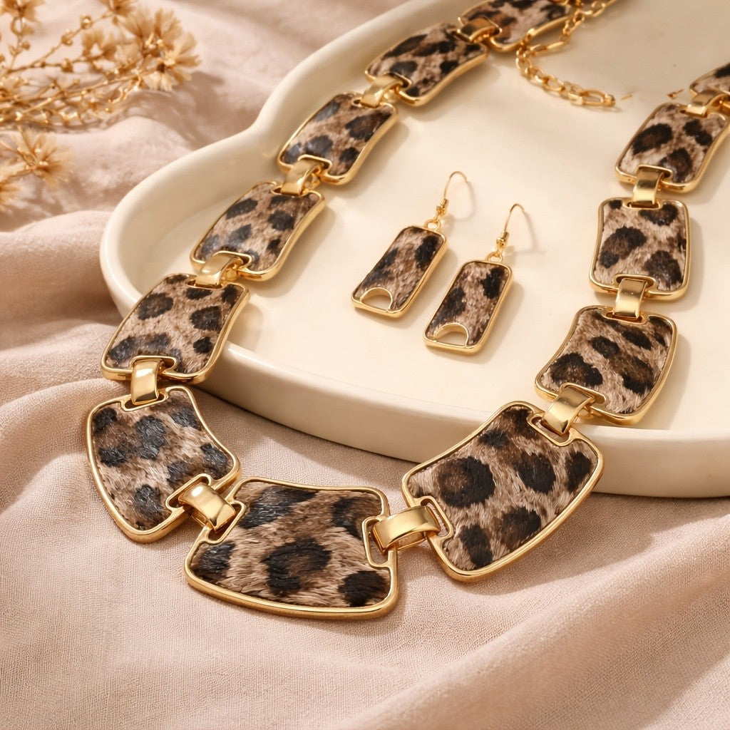 Vintage Leopard Print Statement Necklace & Earring Set