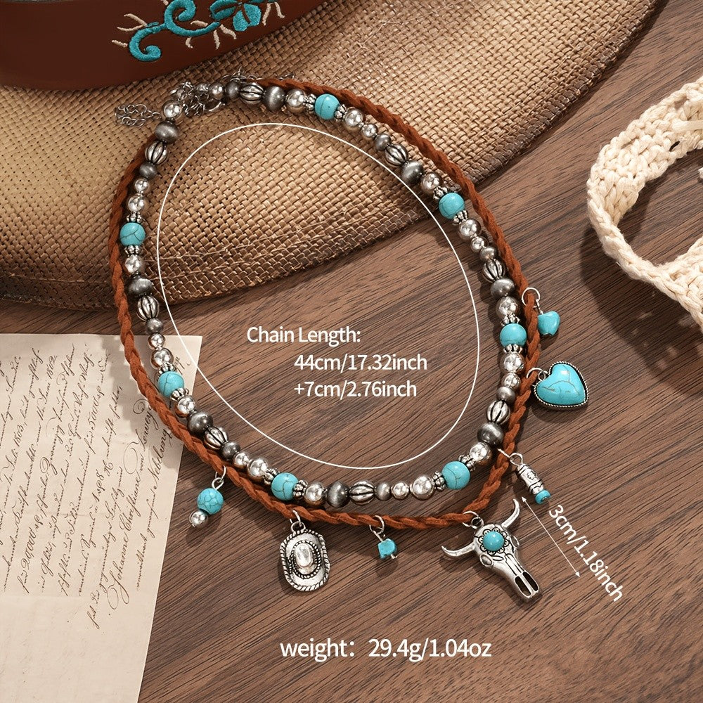 Boho Western Turquoise Bull Skull Necklace