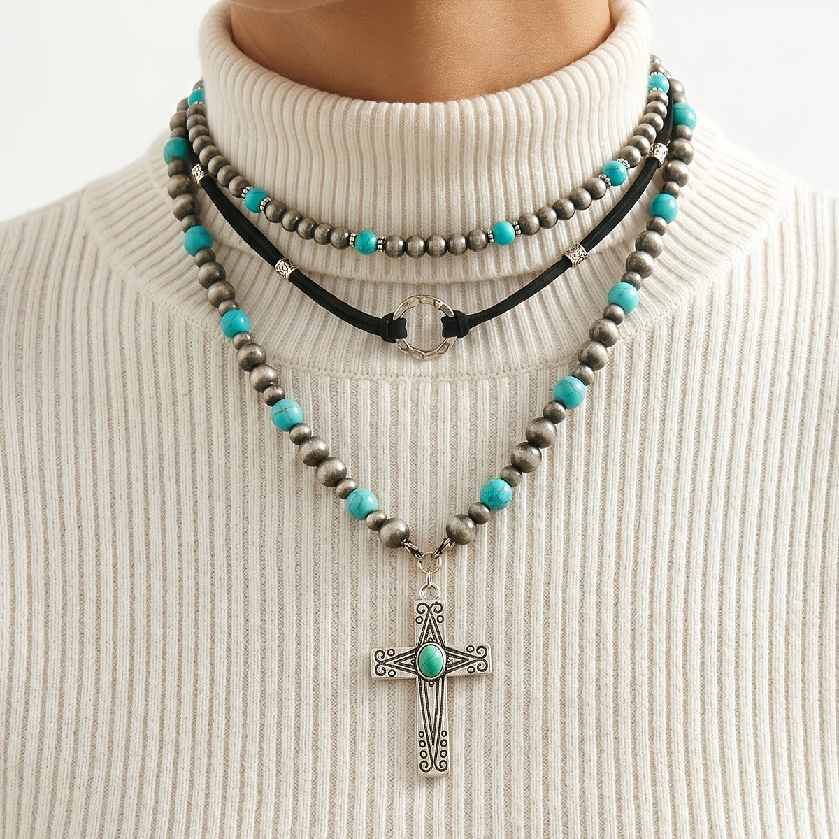 Boho Turquoise Cross Layered Necklace