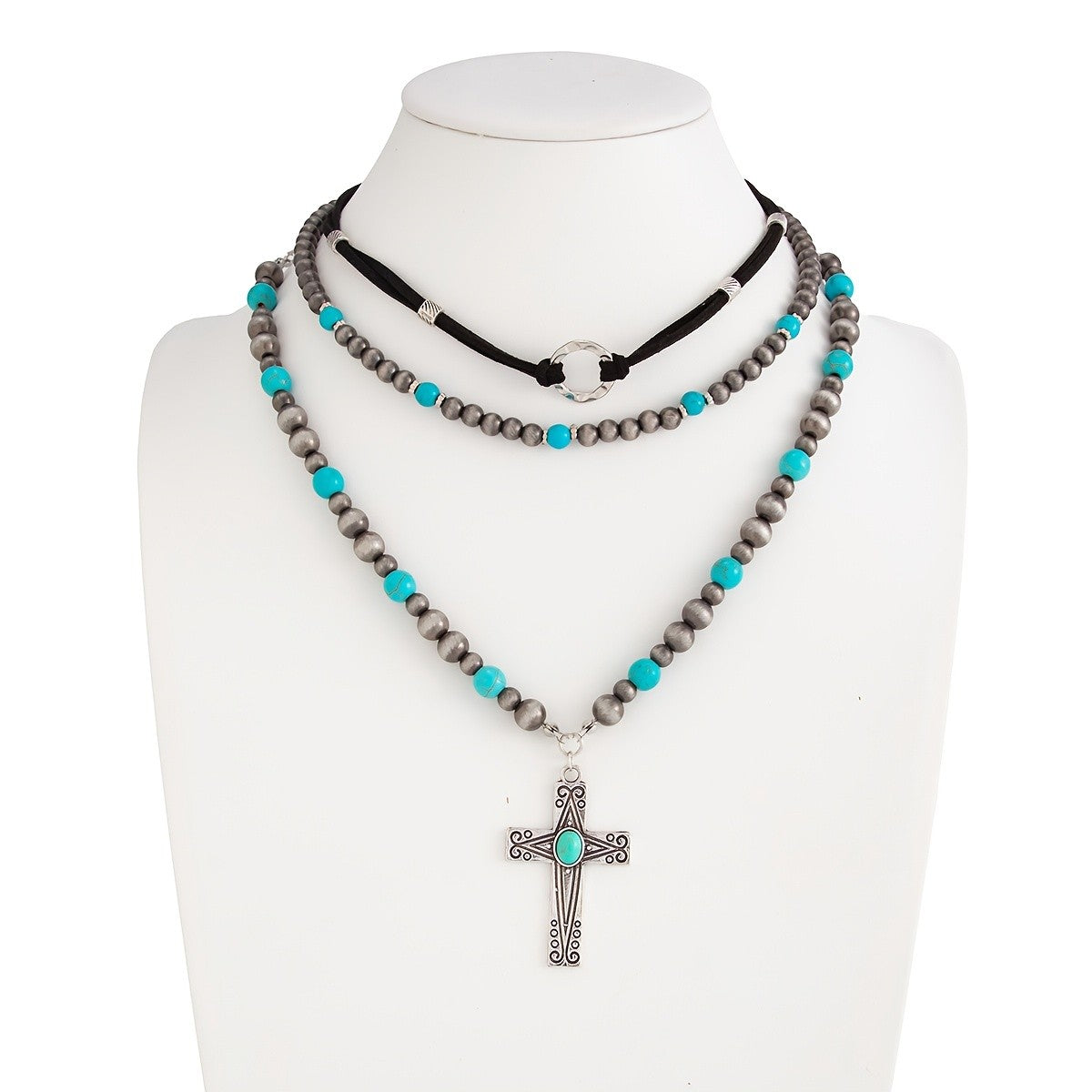 Boho Turquoise Cross Layered Necklace