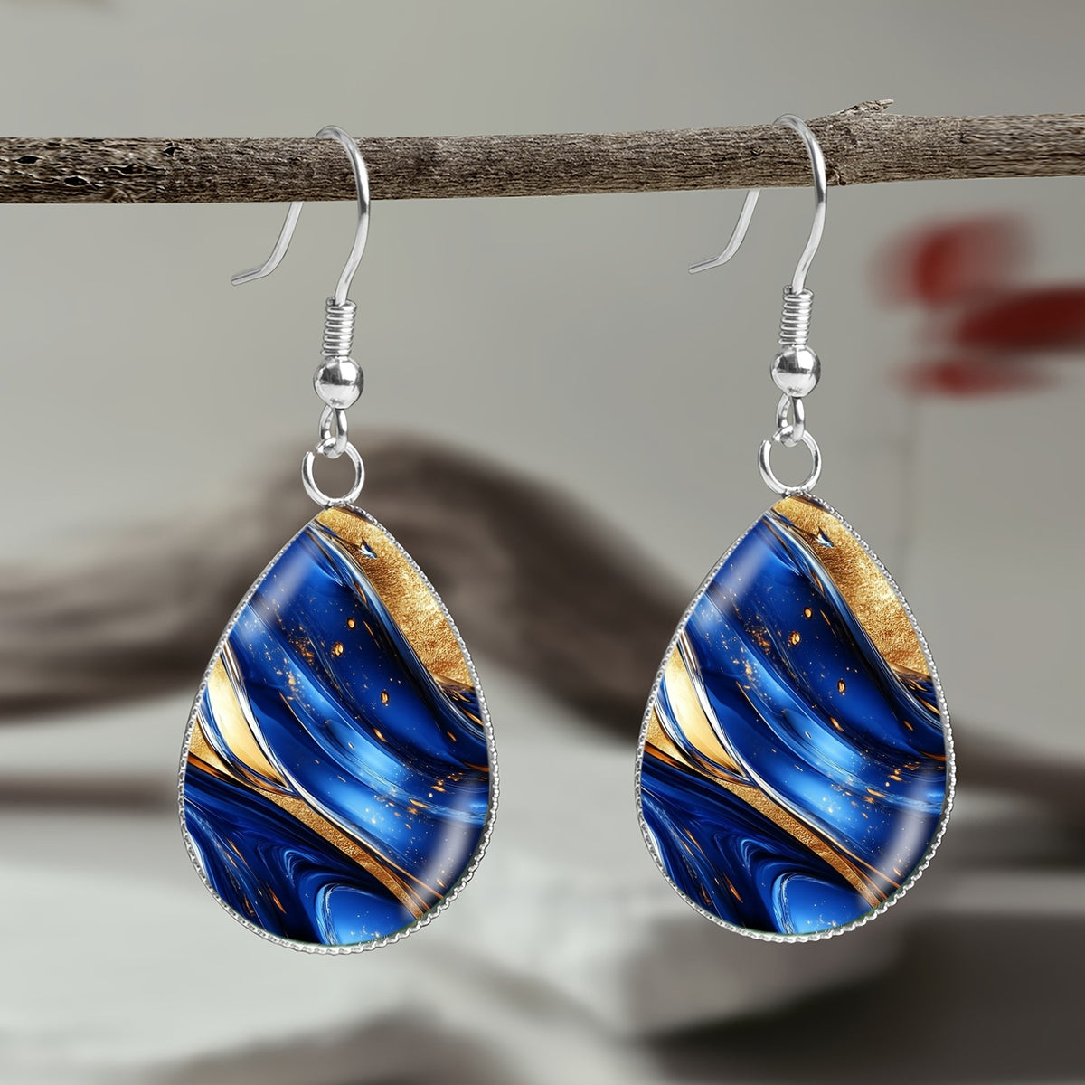 Elegant Blue Marble Teardrop Earrings