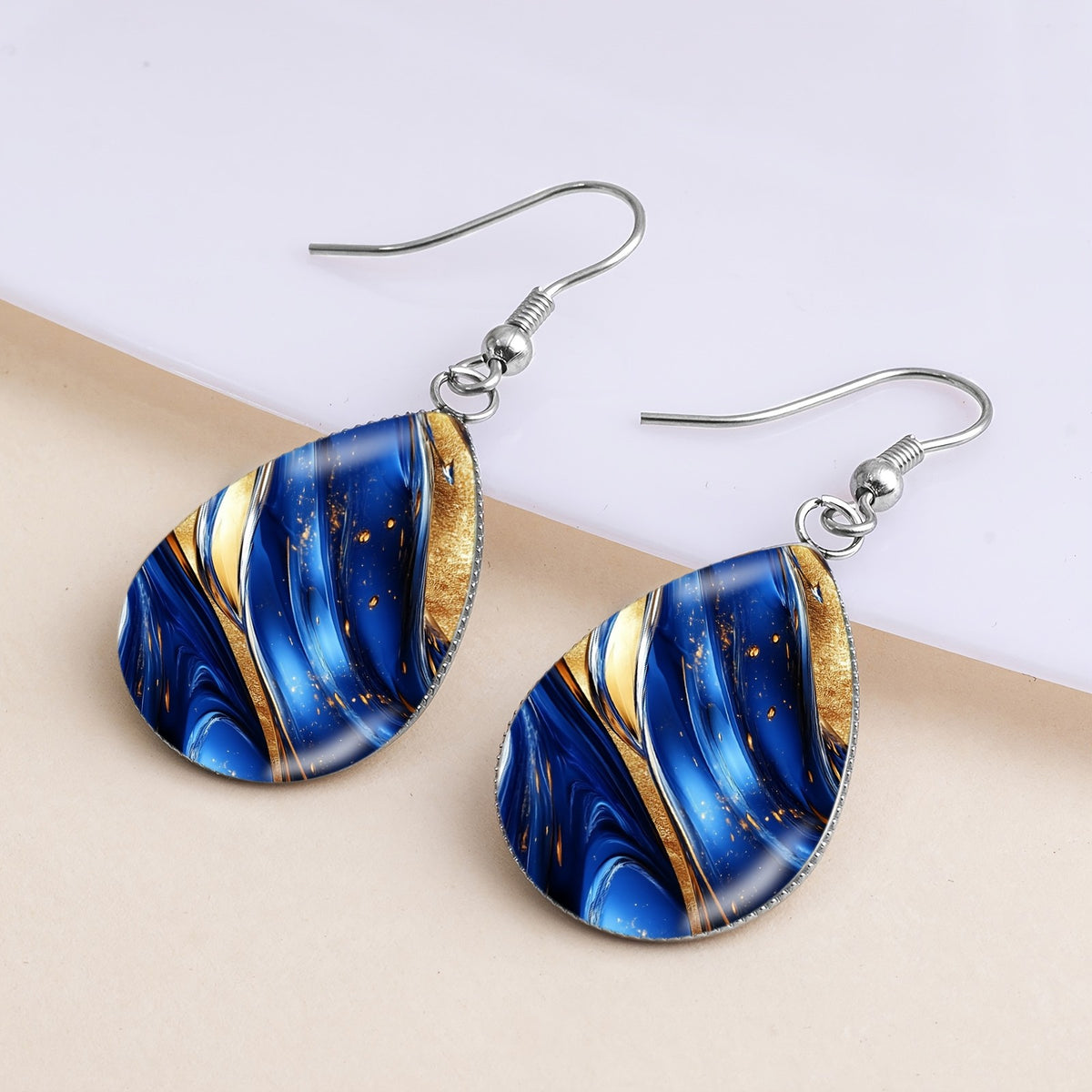 Elegant Blue Marble Teardrop Earrings