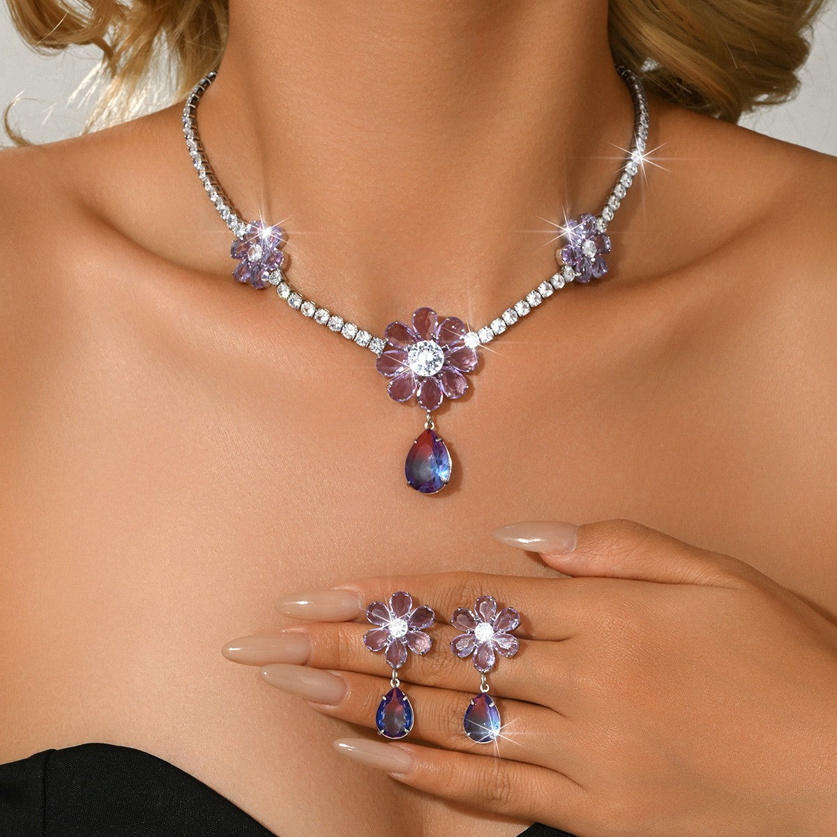 Elegant Purple Floral Water Drop Necklace & Earring Set