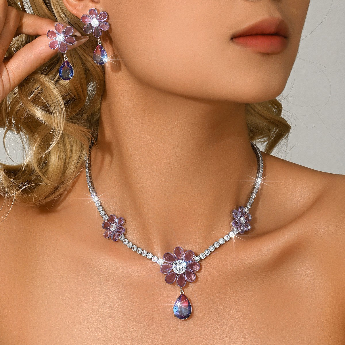 Elegant Purple Floral Water Drop Necklace & Earring Set