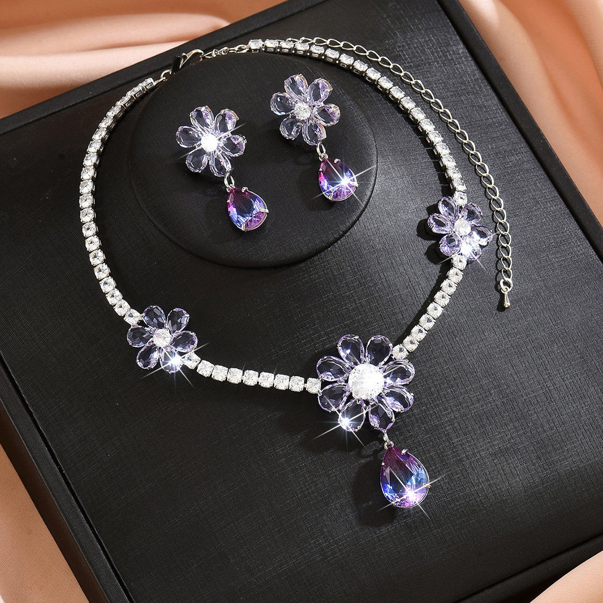 Elegant Purple Floral Water Drop Necklace & Earring Set