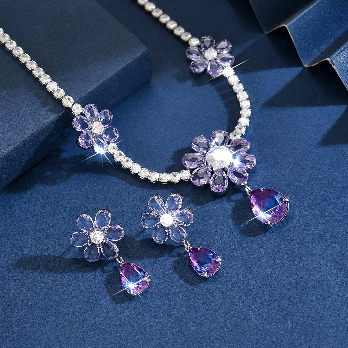 Elegant Purple Floral Water Drop Necklace & Earring Set