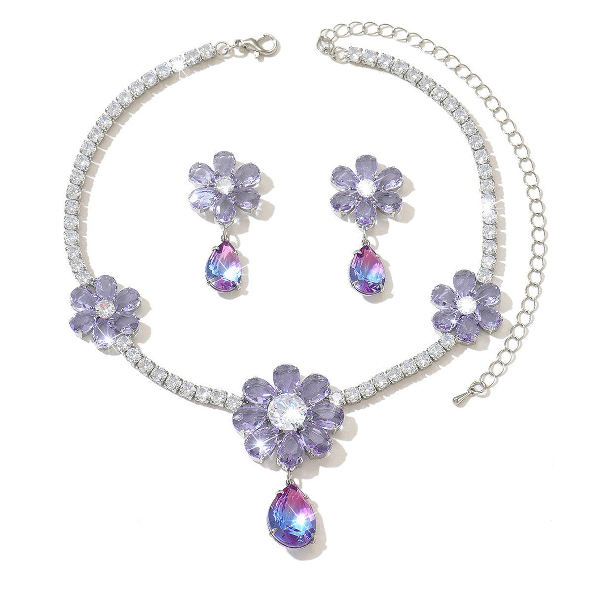 Elegant Purple Floral Water Drop Necklace & Earring Set