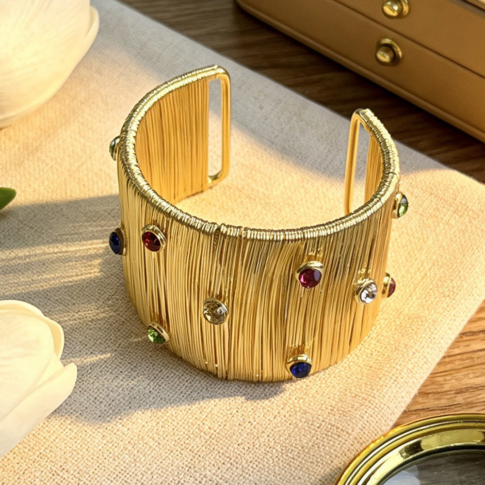 18k Classy Multi-Gem Ribbed Cuff Bracelet