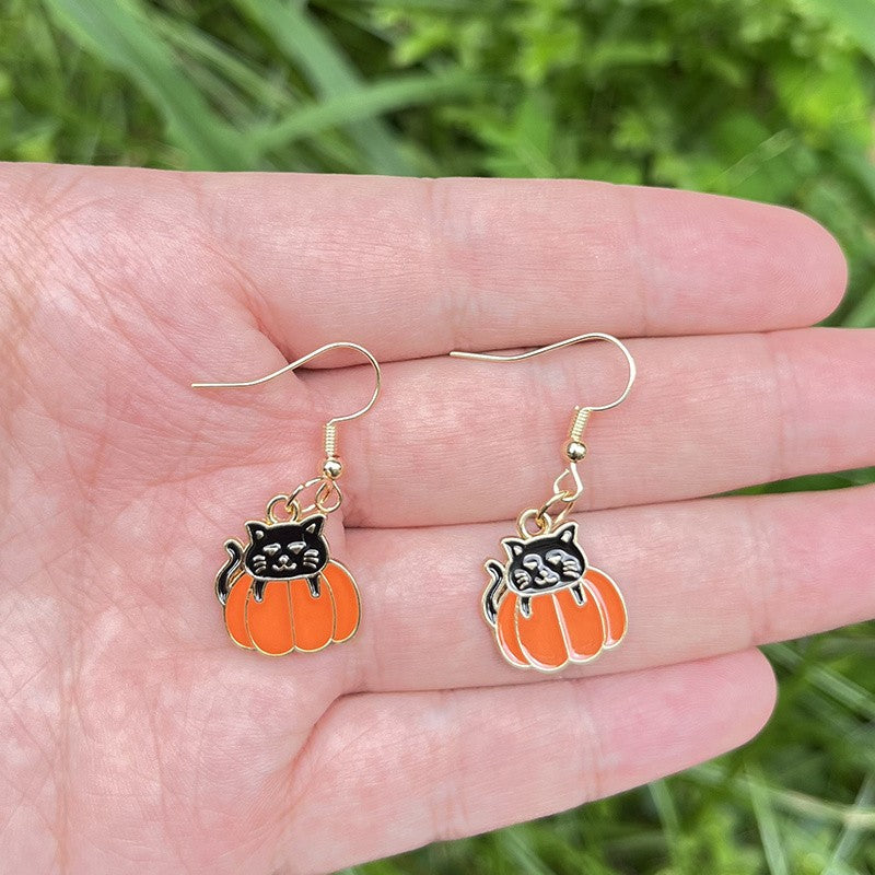 Cute Black Cat Pumpkin Earrings