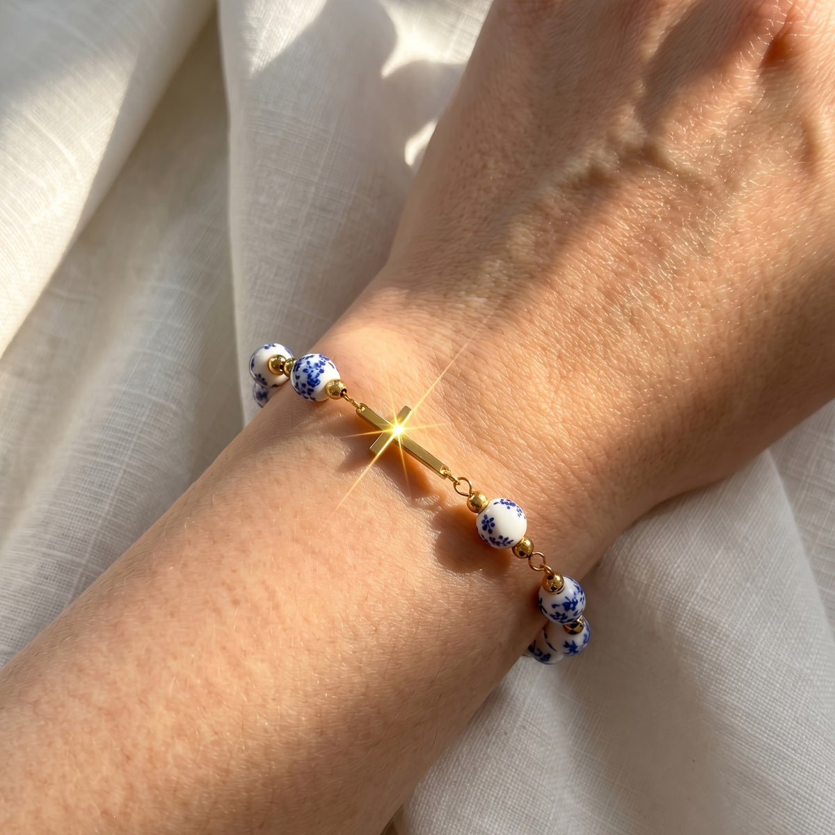 18k Dainty Blue Floral Cross Bracelet