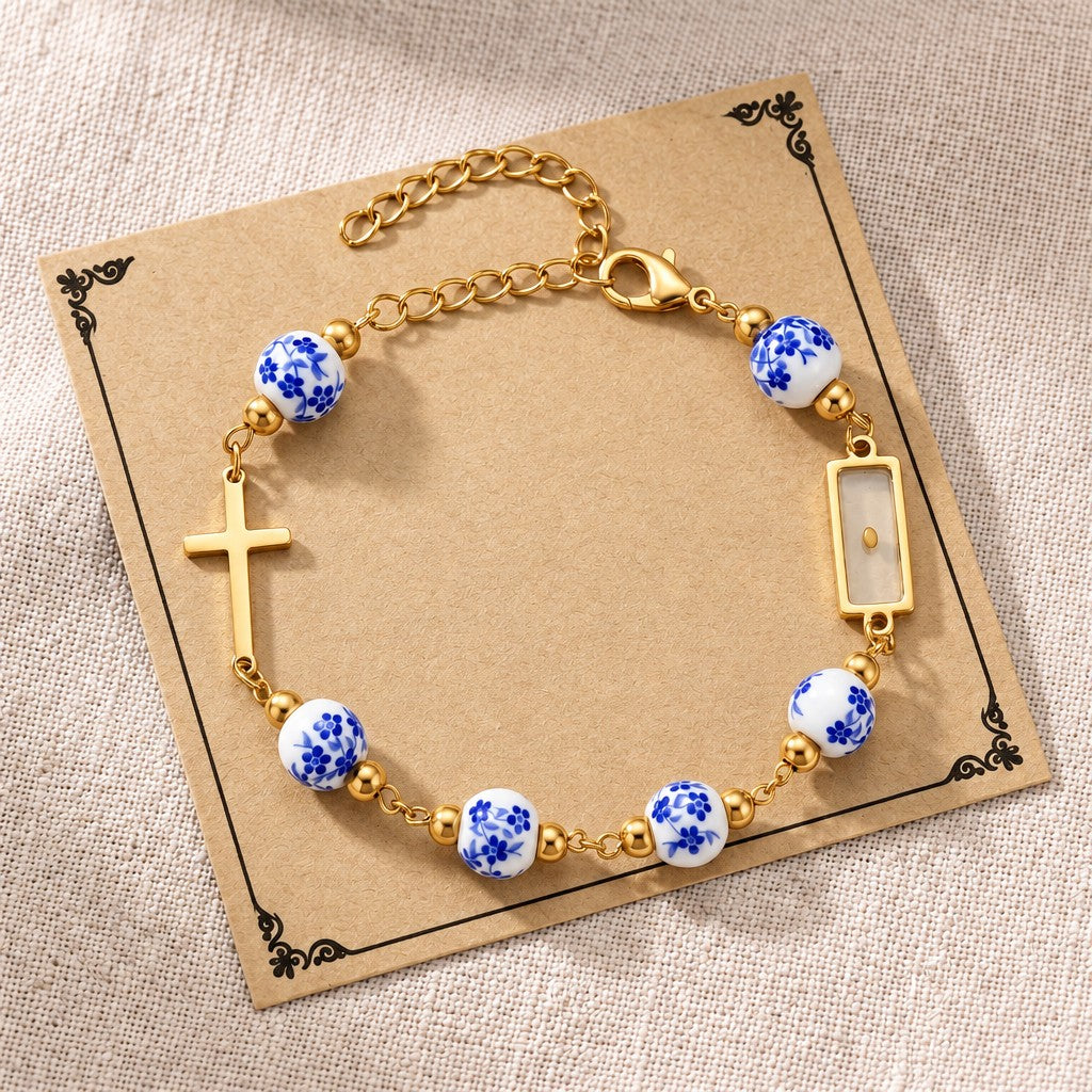 18k Dainty Blue Floral Cross Bracelet