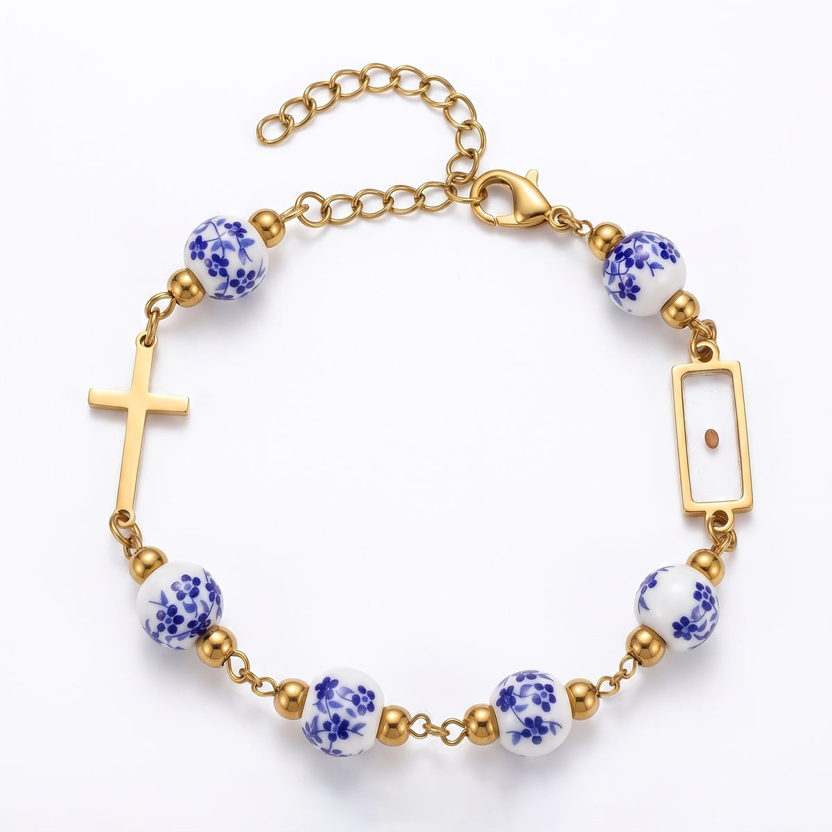 18k Dainty Blue Floral Cross Bracelet