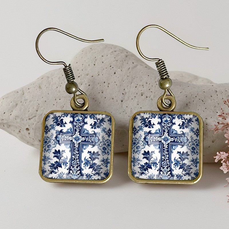 Vintage Blue Floral Cross Earrings