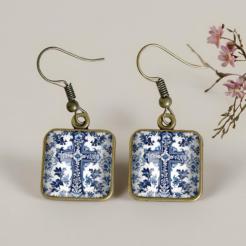 Vintage Blue Floral Cross Earrings