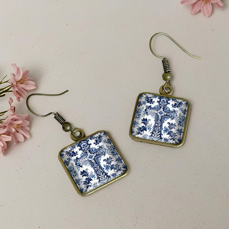 Vintage Blue Floral Cross Earrings
