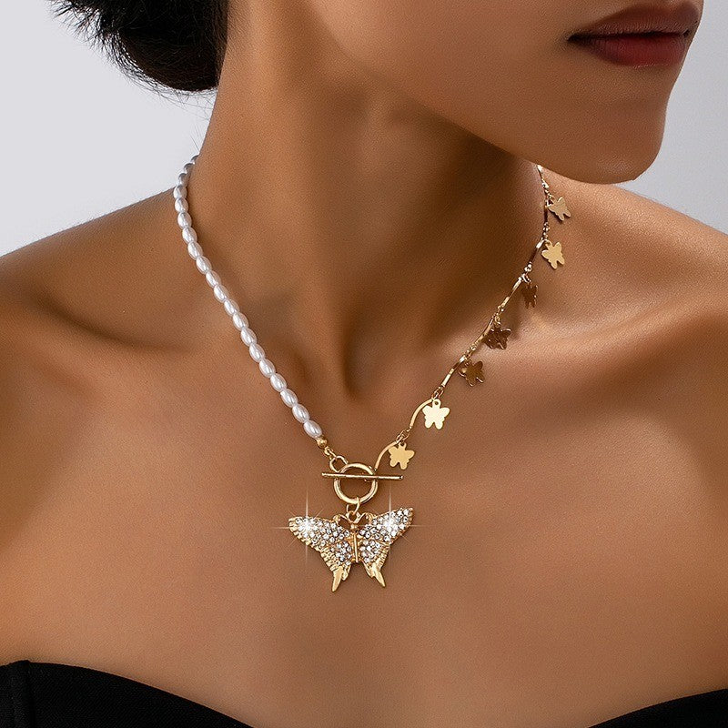 14k Elegant Faux Pearl Butterfly Toggle Necklace