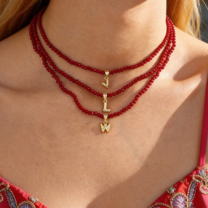 18k Dainty Red Beaded Initial Necklace