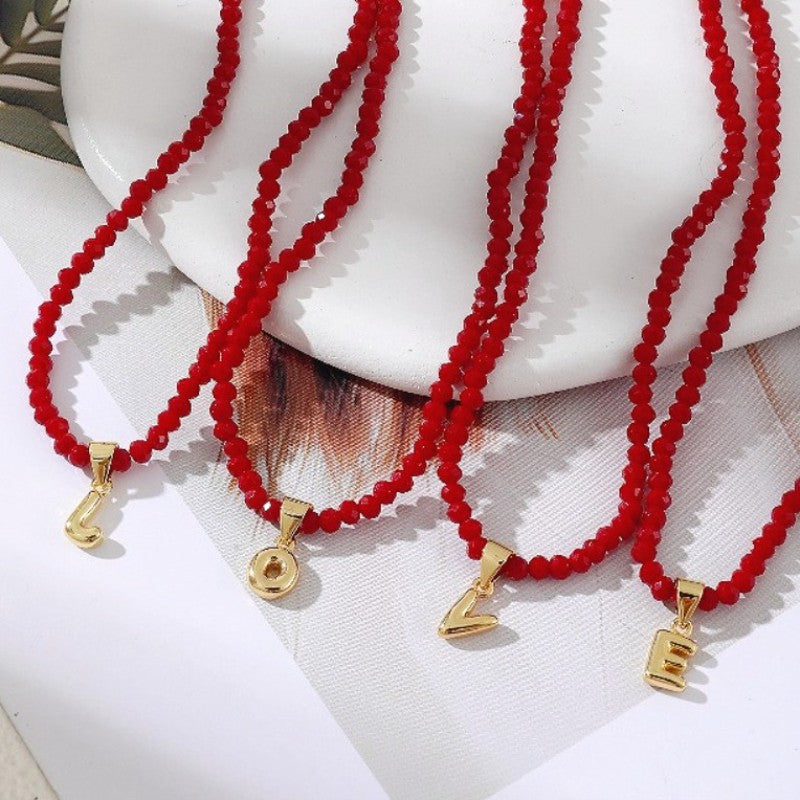 18k Dainty Red Beaded Initial Necklace