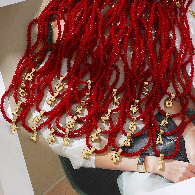 18k Dainty Red Beaded Initial Necklace