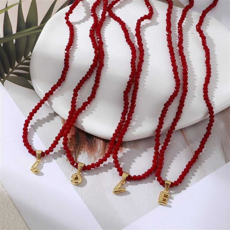 18k Dainty Red Beaded Initial Necklace