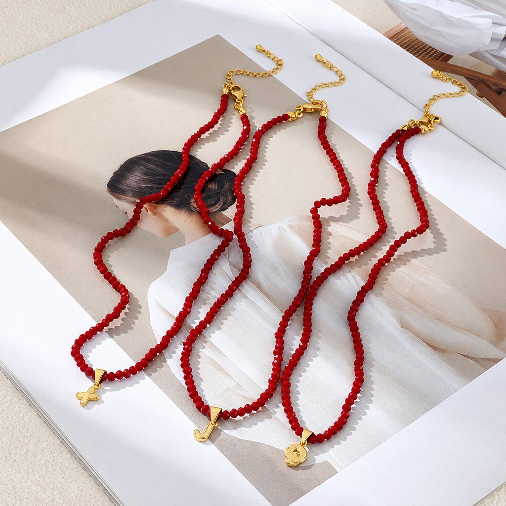 18k Dainty Red Beaded Initial Necklace