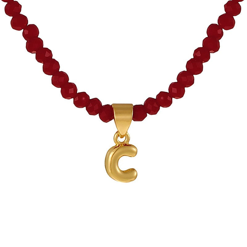 18k Dainty Red Beaded Initial Necklace