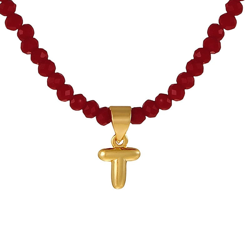 18k Dainty Red Beaded Initial Necklace