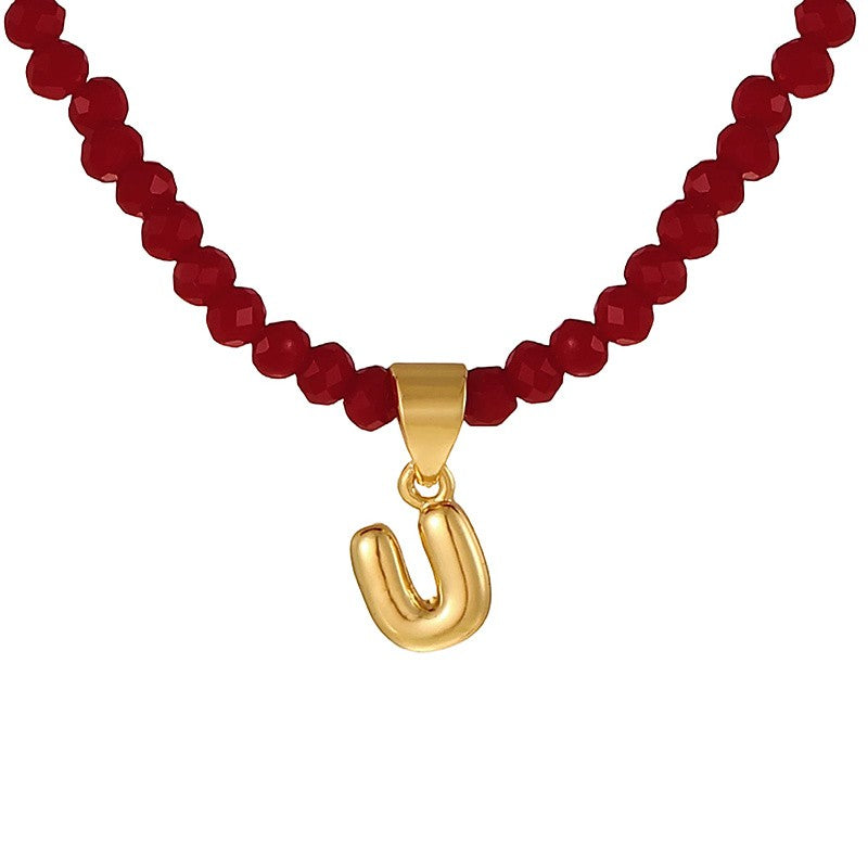 18k Dainty Red Beaded Initial Necklace