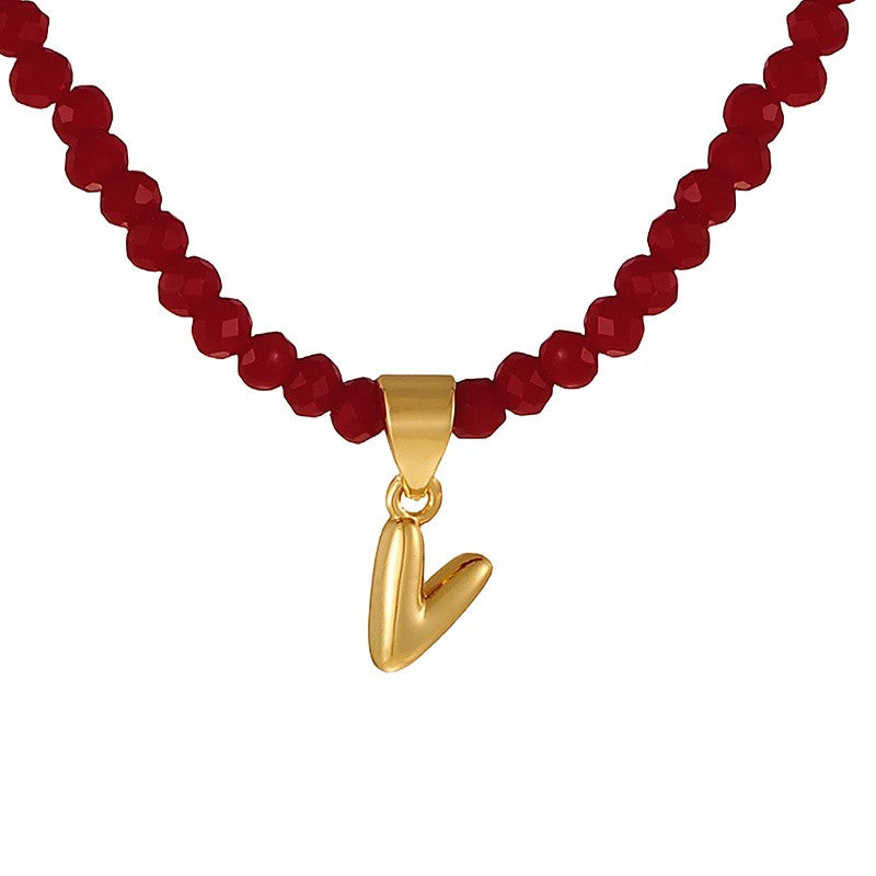 18k Dainty Red Beaded Initial Necklace