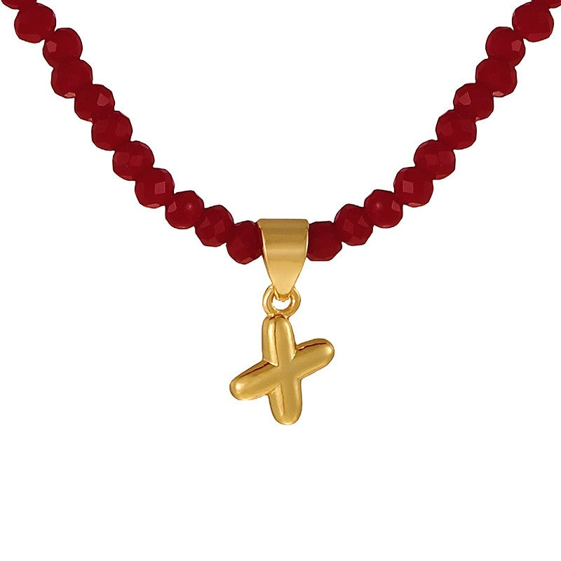 18k Dainty Red Beaded Initial Necklace