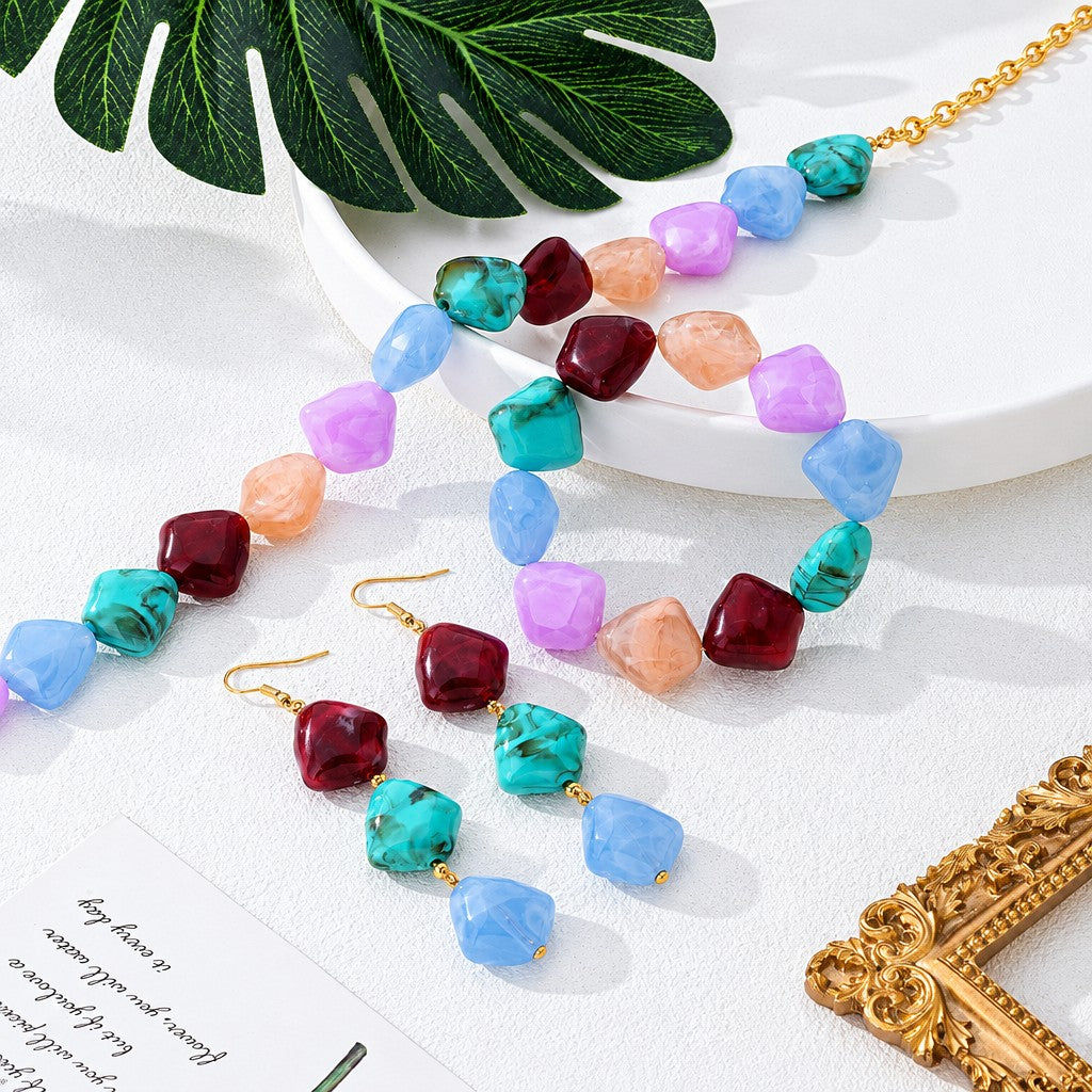 Boho Chunky Resin Bead Necklace, Bracelet & Earring Set