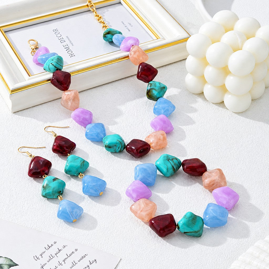 Boho Chunky Resin Bead Necklace, Bracelet & Earring Set