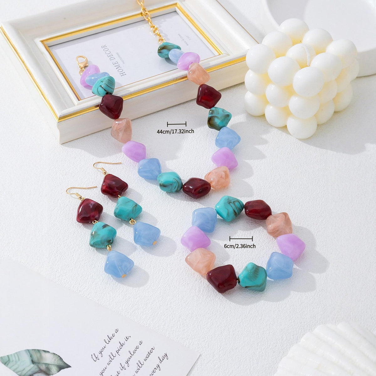 Boho Chunky Resin Bead Necklace, Bracelet & Earring Set