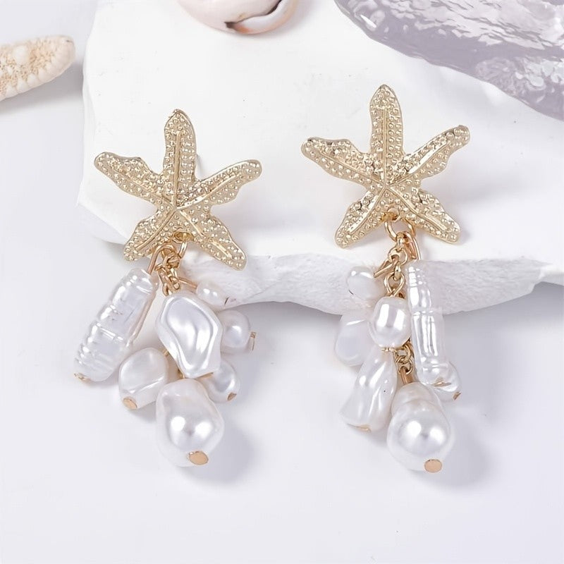 Boho Textured Starfish Faux Pearl Earrings