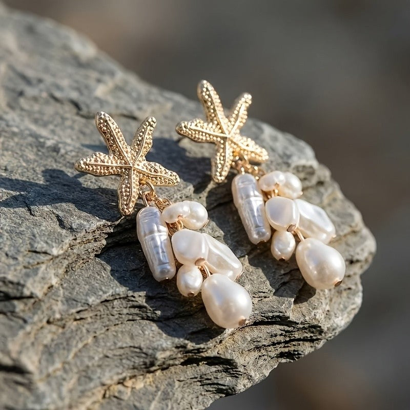 Boho Textured Starfish Faux Pearl Earrings
