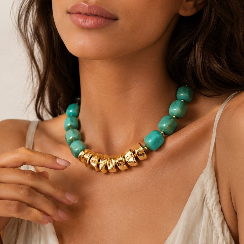 Boho Teal Resin Beaded Necklace