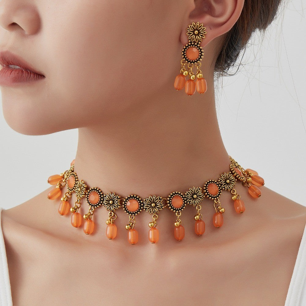 Boho Multicolor Floral Choker Necklace & Earring Set