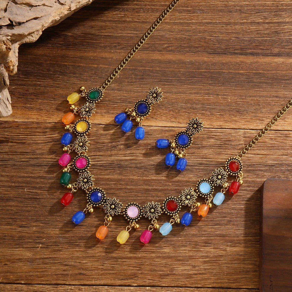 Boho Multicolor Floral Choker Necklace & Earring Set