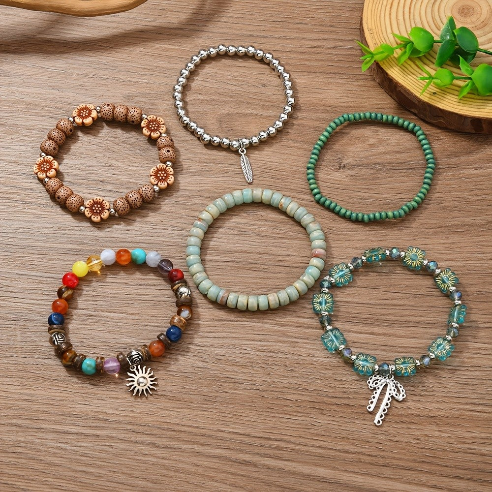 6pc Boho Beaded Stacked Bracelet Set